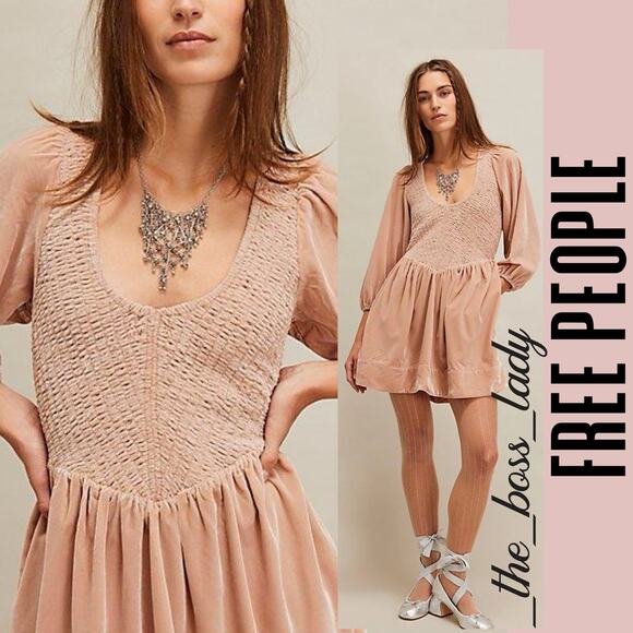 Free People mini dress velvet smocked pleated boho cocktail party Small - Picture 1 of 9